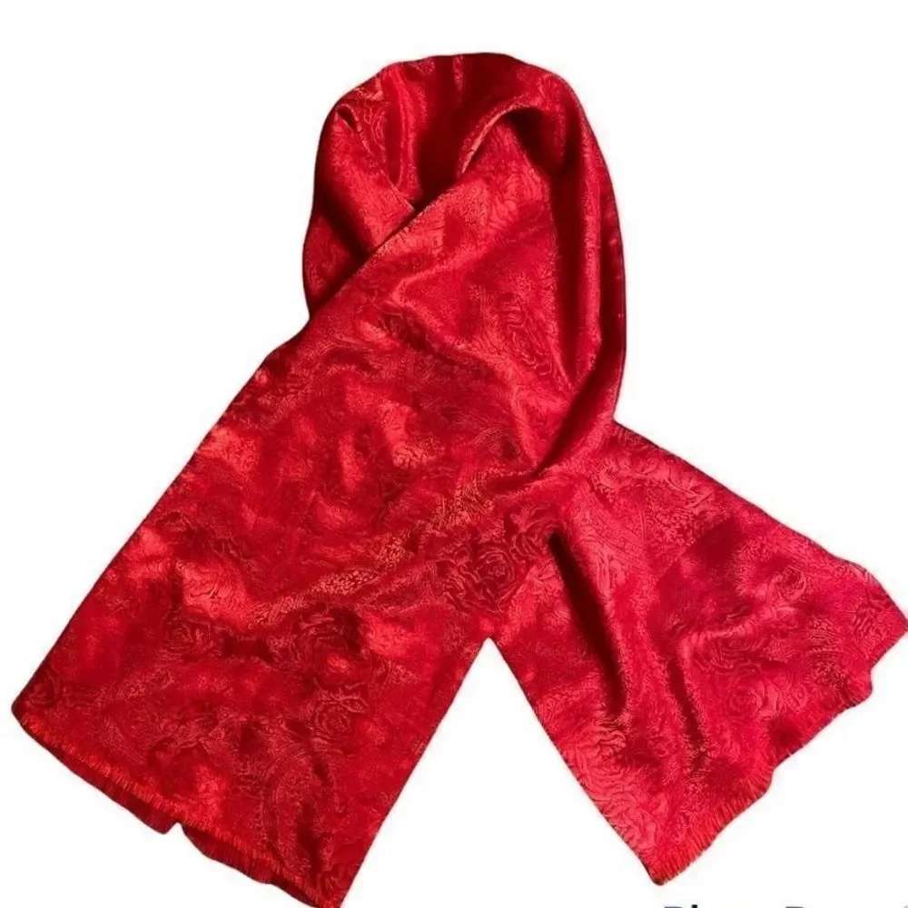 Vintage Red Paisley scarf woolly on one side, silky self patterned on the other